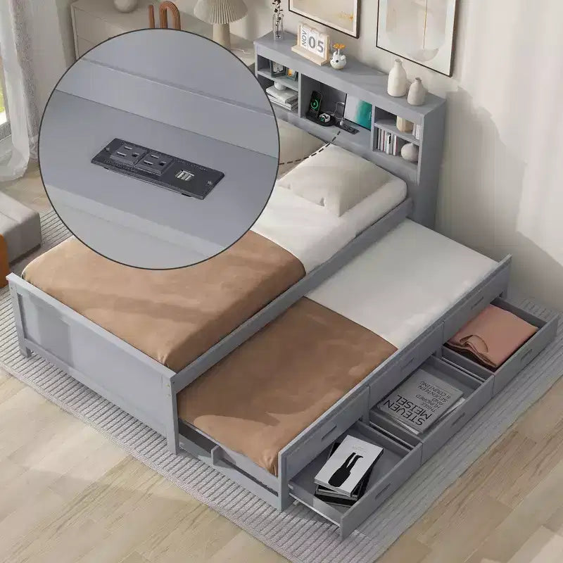 Platform Bed with Storage Headboard, USB, Twin Size Trundle and 3 Drawers