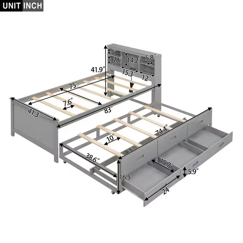 Platform Bed with Storage Headboard, USB, Twin Size Trundle and 3 Drawers