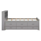 Letto con base rialzata e testiera contenitore, USB, letto estraibile singolo e 3 cassetti