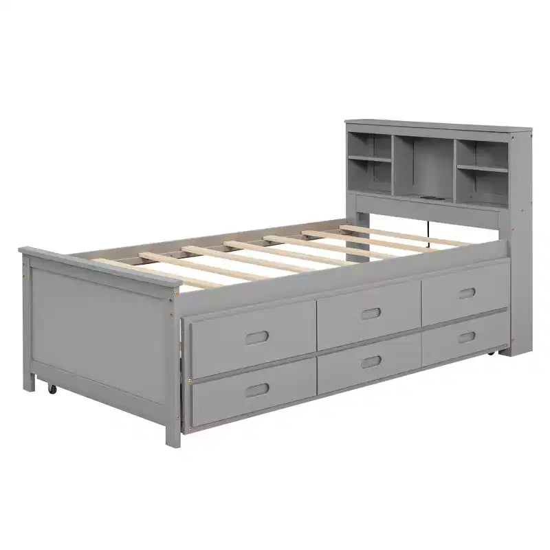 Platform Bed with Storage Headboard, USB, Twin Size Trundle and 3 Drawers