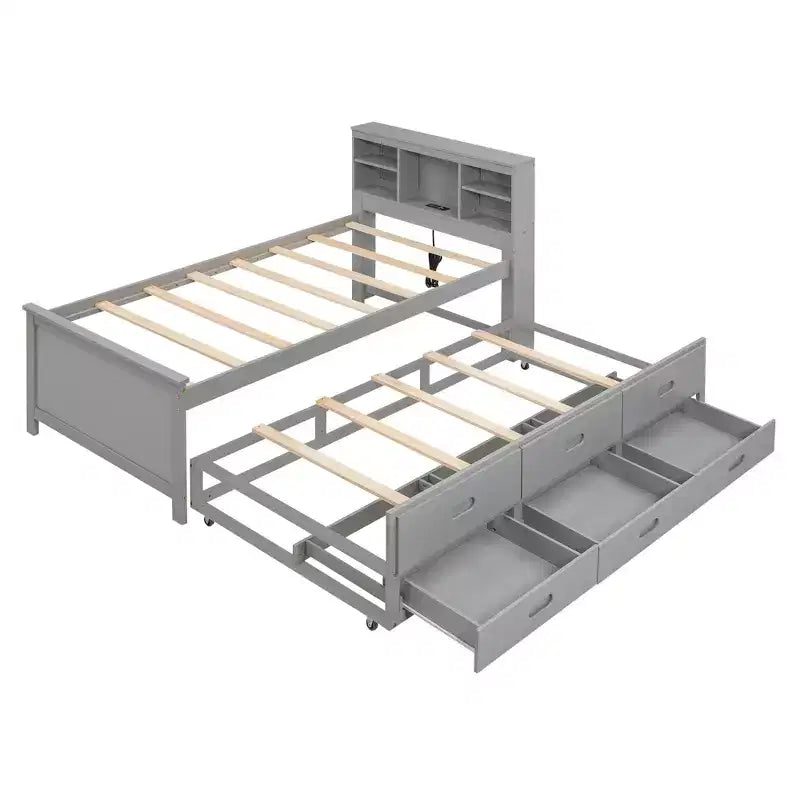 Platform Bed with Storage Headboard, USB, Twin Size Trundle and 3 Drawers