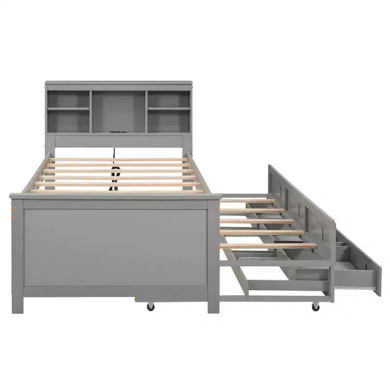 Platform Bed with Storage Headboard, USB, Twin Size Trundle and 3 Drawers