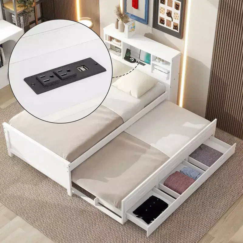 Platform Bed with Storage Headboard, USB, Twin Size Trundle and 3 Drawers