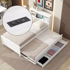Letto con base rialzata e testiera contenitore, USB, letto estraibile singolo e 3 cassetti