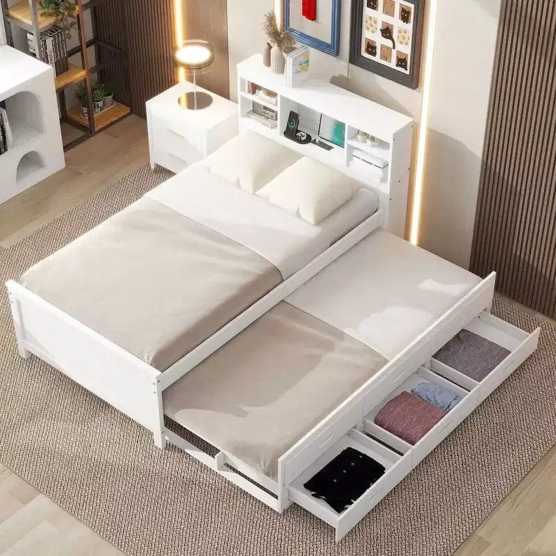 Platform Bed with Storage Headboard, USB, Twin Size Trundle and 3 Drawers