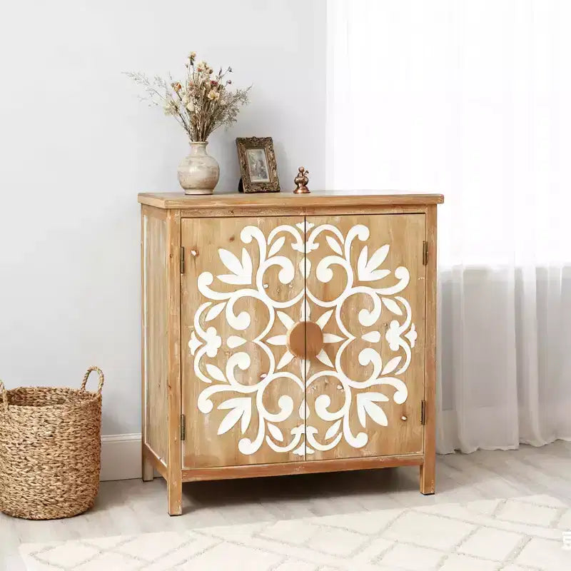 Wooden Accent Cabinet with Floral Carved Doors 2 Door Storage Cabinet for Living Room
