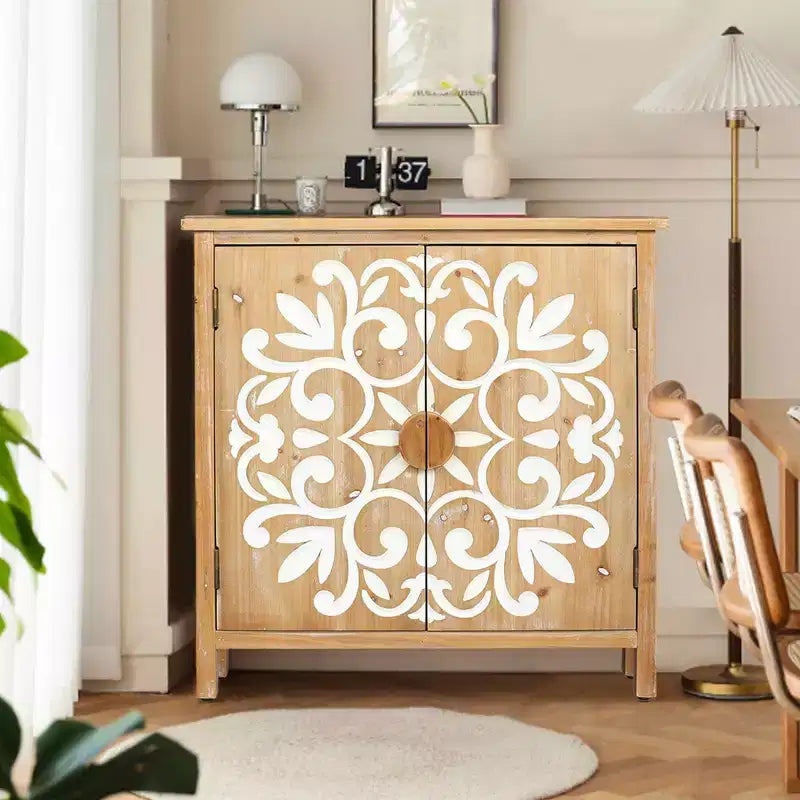 Wooden Accent Cabinet with Floral Carved Doors 2 Door Storage Cabinet for Living Room