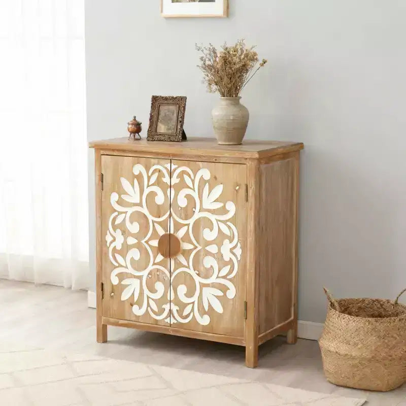 Wooden Accent Cabinet with Floral Carved Doors 2 Door Storage Cabinet for Living Room