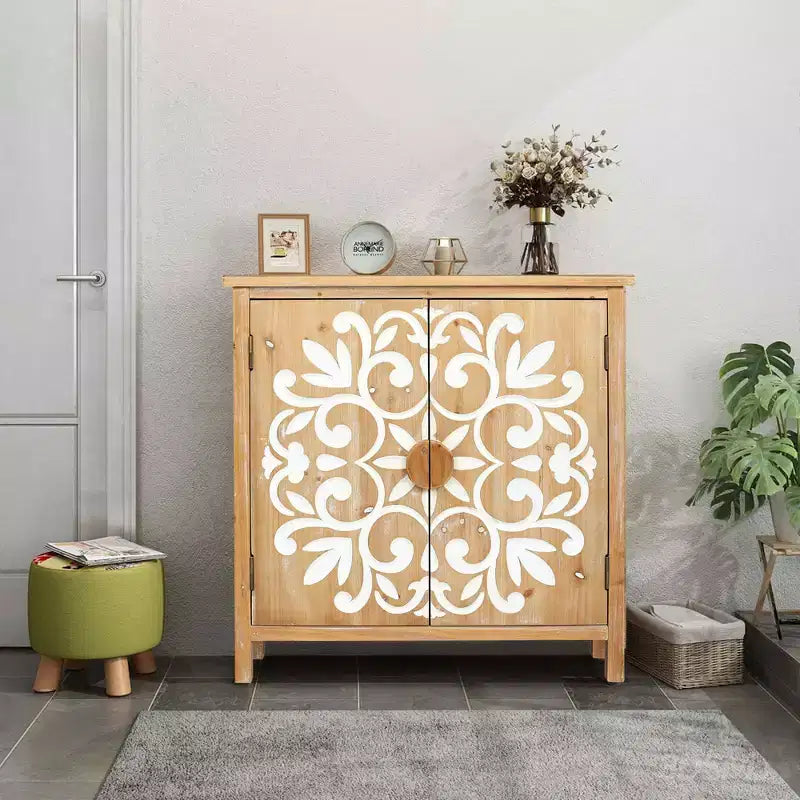 Wooden Accent Cabinet with Floral Carved Doors 2 Door Storage Cabinet for Living Room