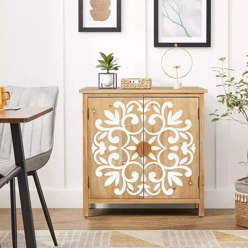 Wooden Accent Cabinet with Floral Carved Doors 2 Door Storage Cabinet for Living Room
