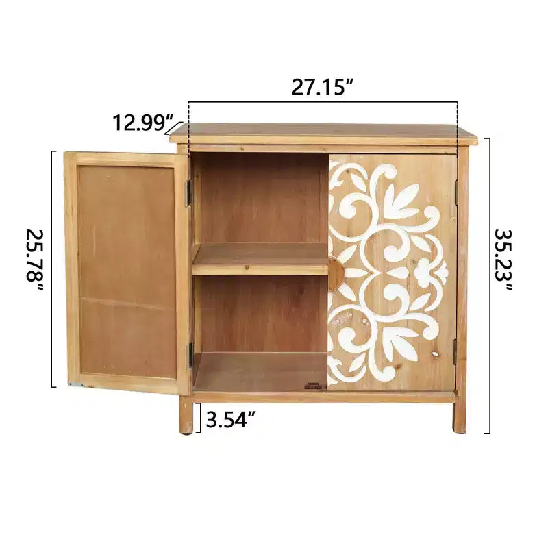 Wooden Accent Cabinet with Floral Carved Doors 2 Door Storage Cabinet for Living Room