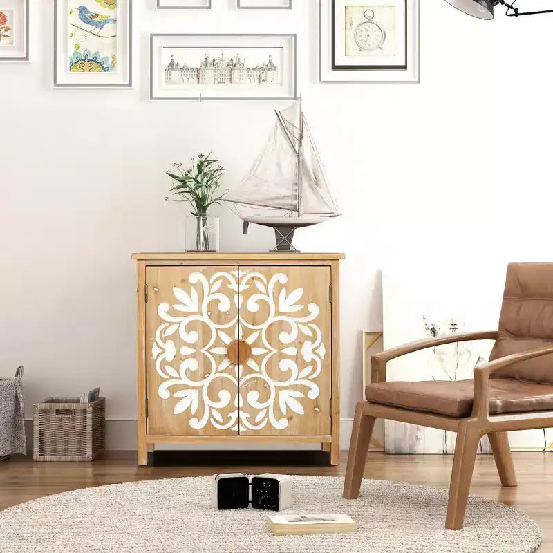 Wooden Accent Cabinet with Floral Carved Doors 2 Door Storage Cabinet for Living Room