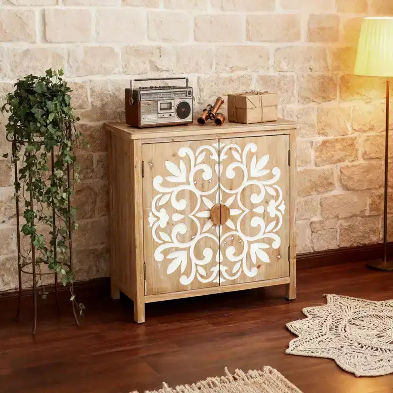 Wooden Accent Cabinet with Floral Carved Doors 2 Door Storage Cabinet for Living Room