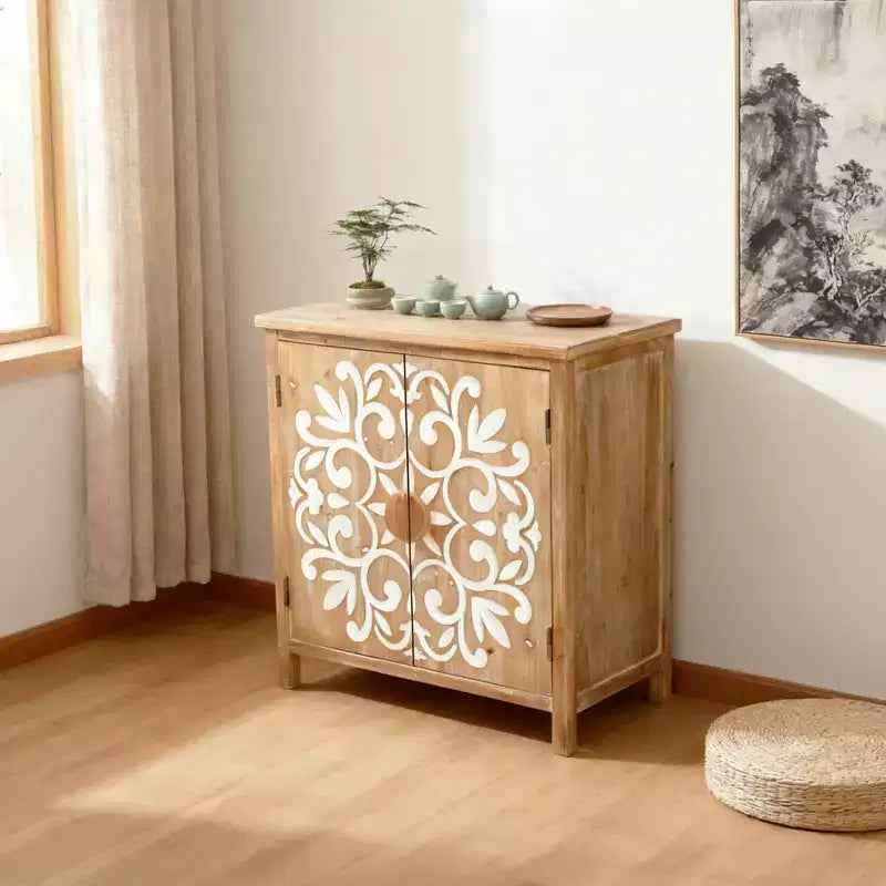 Wooden Accent Cabinet with Floral Carved Doors 2 Door Storage Cabinet for Living Room