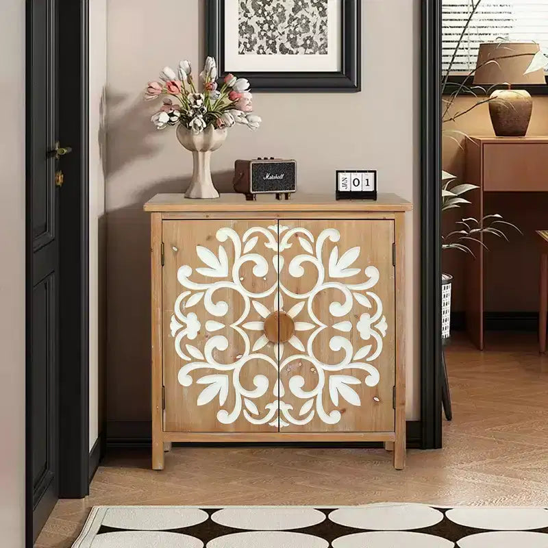 Wooden Accent Cabinet with Floral Carved Doors 2 Door Storage Cabinet for Living Room