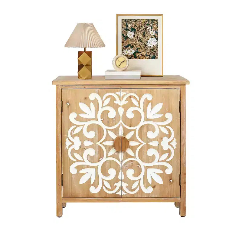 Wooden Accent Cabinet with Floral Carved Doors 2 Door Storage Cabinet for Living Room