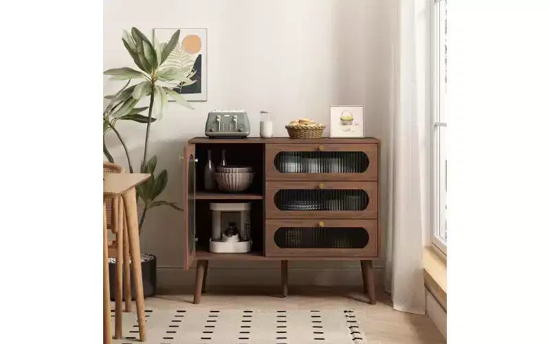 Decorative cabinet with 3 drawers and cabinet doors, wooden storage cabinet with shelves, suitable for living rooms, natural wood
