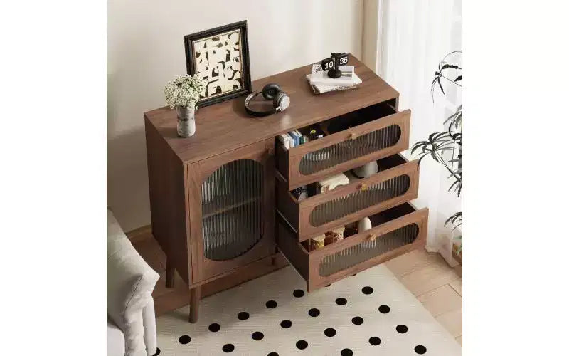 Decorative cabinet with 3 drawers and cabinet doors, wooden storage cabinet with shelves, suitable for living rooms, natural wood