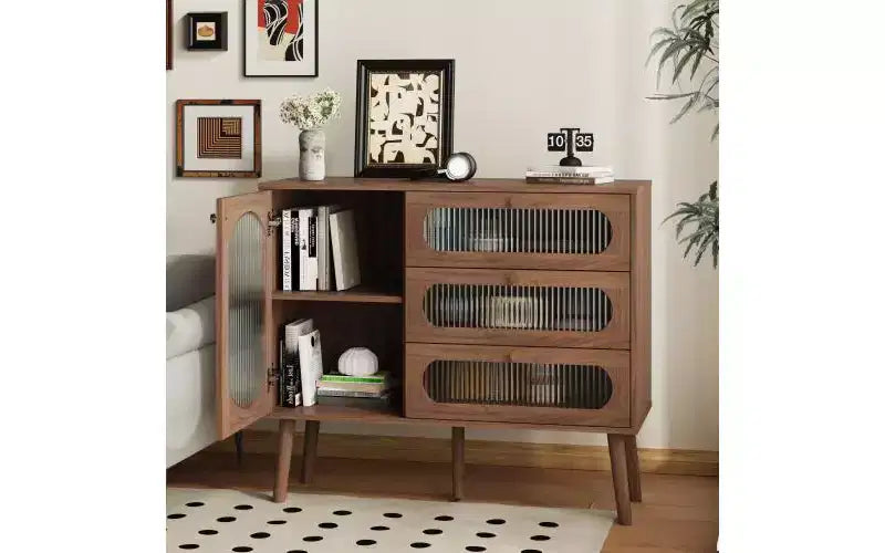 Decorative cabinet with 3 drawers and cabinet doors, wooden storage cabinet with shelves, suitable for living rooms, natural wood
