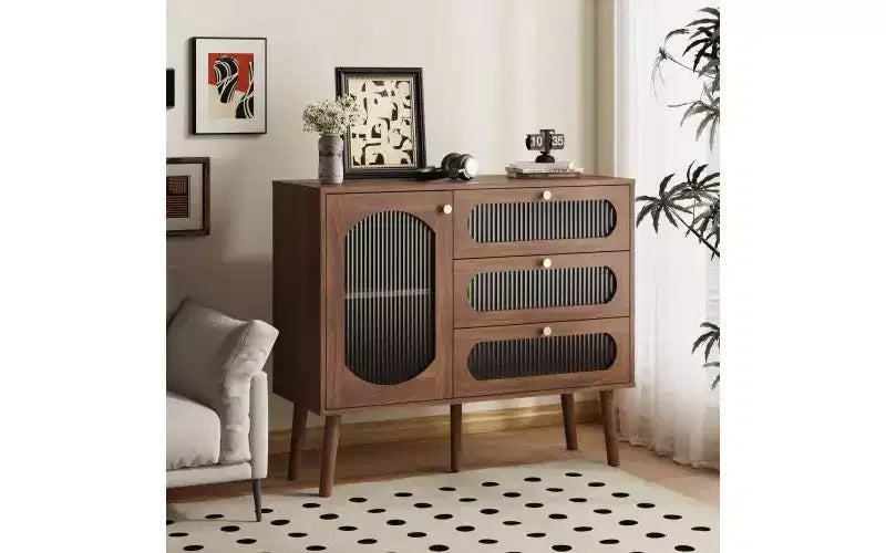 Decorative cabinet with 3 drawers and cabinet doors, wooden storage cabinet with shelves, suitable for living rooms, natural wood