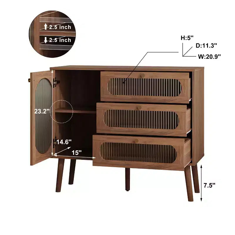 Decorative cabinet with 3 drawers and cabinet doors, wooden storage cabinet with shelves, suitable for living rooms, natural wood