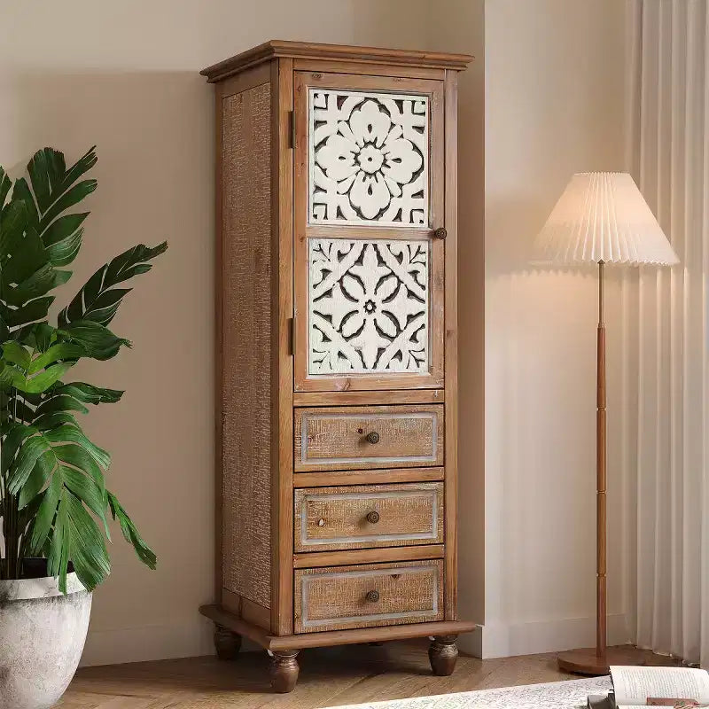 Rustic Decorative Storage Cabinet with Cutout Doors and 3 Drawers, Tall Narrow Accent Cabinet for Living Room or Bedroom