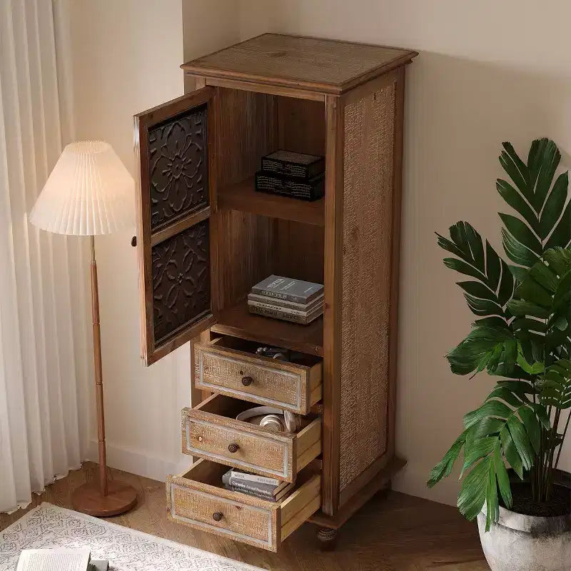 Rustic Decorative Storage Cabinet with Cutout Doors and 3 Drawers, Tall Narrow Accent Cabinet for Living Room or Bedroom