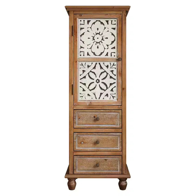 Mobiletto decorativo rustico con ante intagliate e 3 cassetti, armadietto stretto e alto per soggiorno o camera da letto