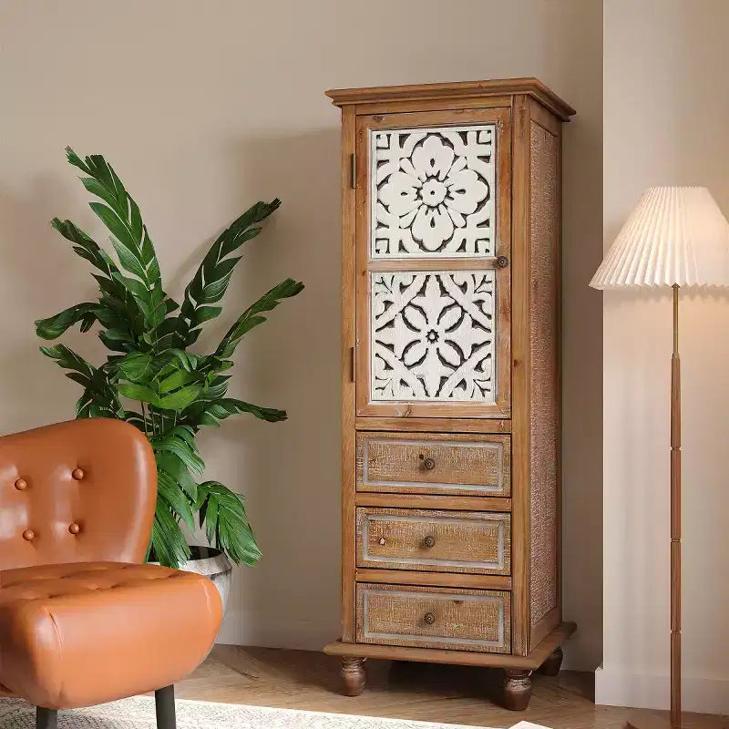Mobiletto decorativo rustico con ante intagliate e 3 cassetti, armadietto stretto e alto per soggiorno o camera da letto