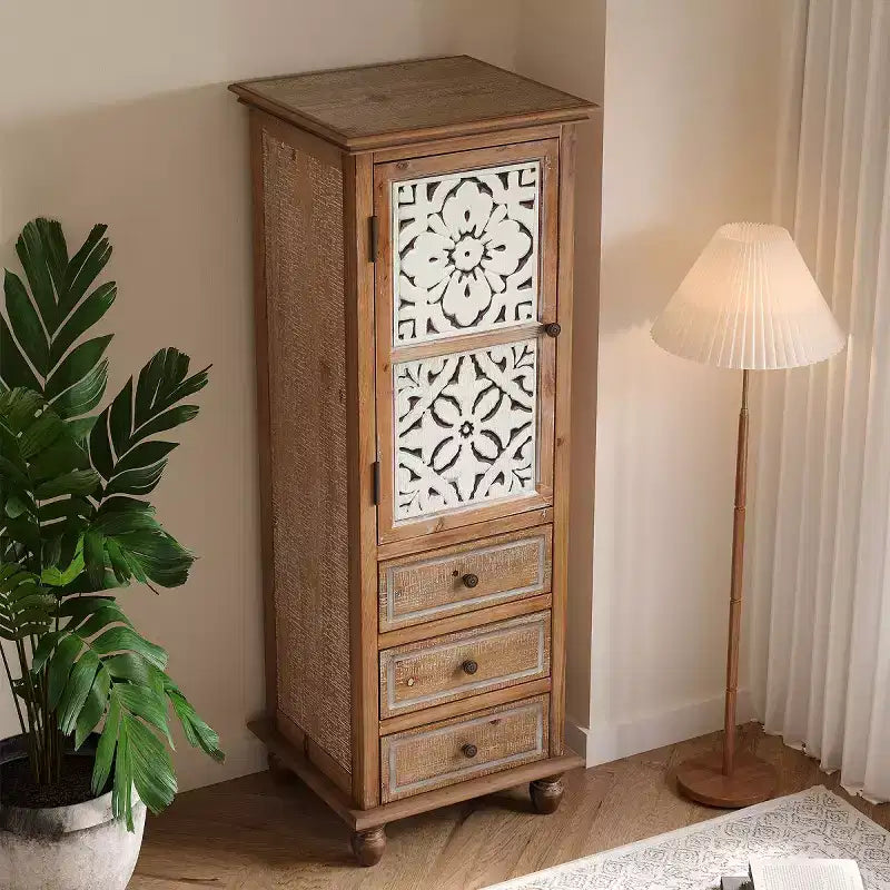 Mobiletto decorativo rustico con ante intagliate e 3 cassetti, armadietto stretto e alto per soggiorno o camera da letto