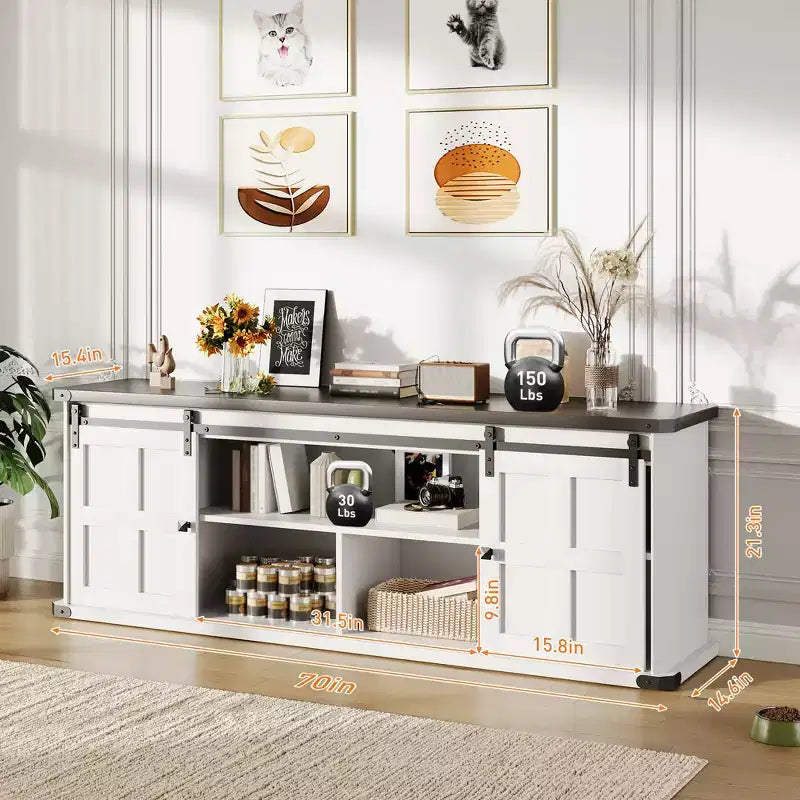 70 Farmhouse TV Stand for 80/75/70 Inch TVs, Storage Cabinets with Sliding Barn Door, Rustic TV Stands for Living Room, Media Console Cabinet