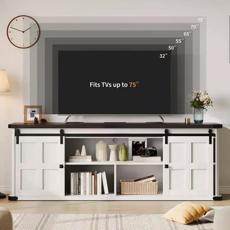 70 Farmhouse TV Stand for 80/75/70 Inch TVs, Storage Cabinets with Sliding Barn Door, Rustic TV Stands for Living Room, Media Console Cabinet