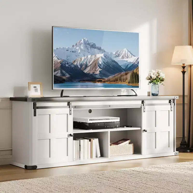 70 Farmhouse TV Stand for 80/75/70 Inch TVs, Storage Cabinets with Sliding Barn Door, Rustic TV Stands for Living Room, Media Console Cabinet