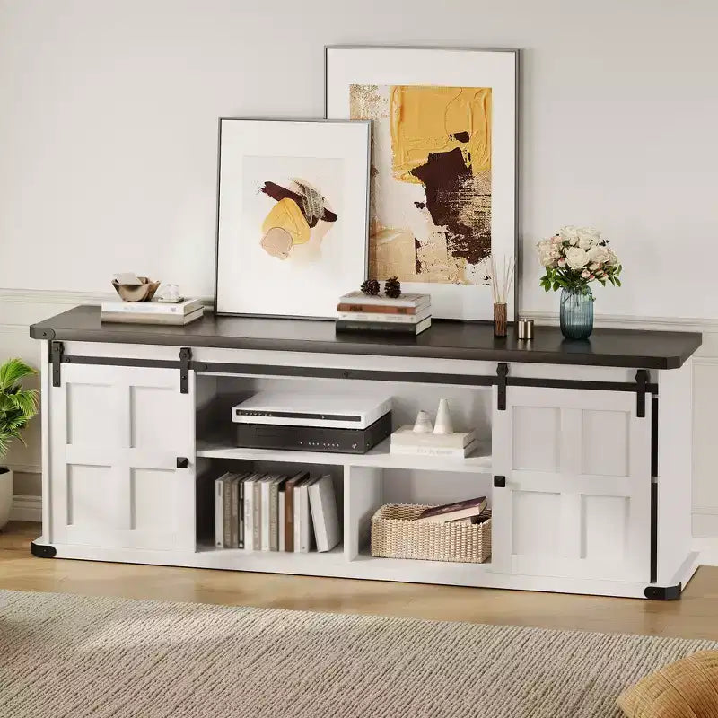 70 Farmhouse TV Stand for 80/75/70 Inch TVs, Storage Cabinets with Sliding Barn Door, Rustic TV Stands for Living Room, Media Console Cabinet