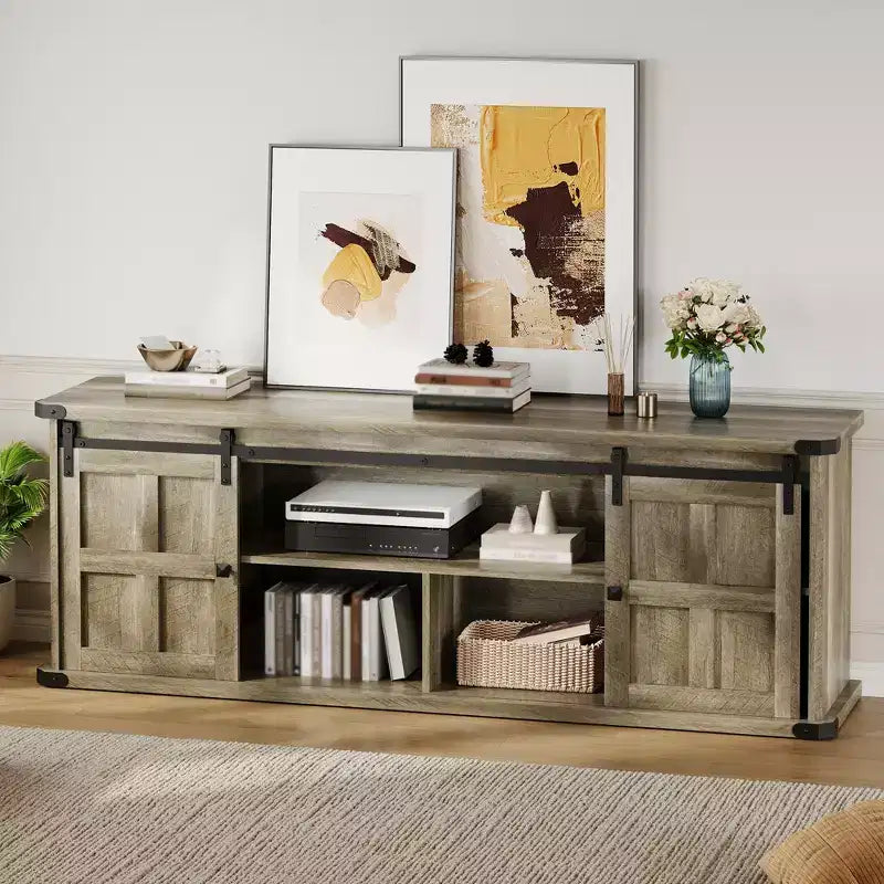 70 Farmhouse TV Stand for 80/75/70 Inch TVs, Storage Cabinets with Sliding Barn Door, Rustic TV Stands for Living Room, Media Console Cabinet