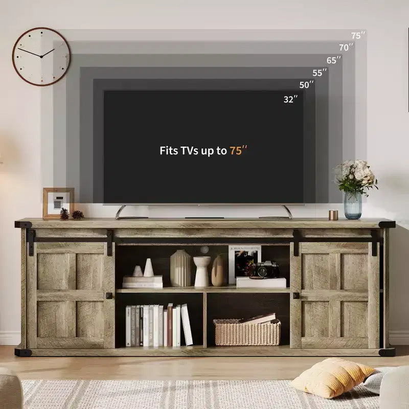 70 Farmhouse TV Stand for 80/75/70 Inch TVs, Storage Cabinets with Sliding Barn Door, Rustic TV Stands for Living Room, Media Console Cabinet