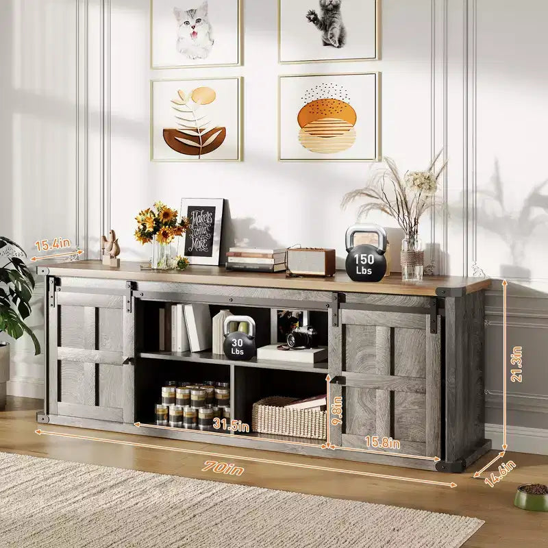 70 Farmhouse TV Stand for 80/75/70 Inch TVs, Storage Cabinets with Sliding Barn Door, Rustic TV Stands for Living Room, Media Console Cabinet