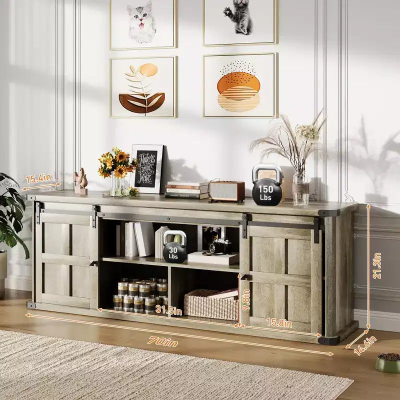 70 Farmhouse TV Stand for 80/75/70 Inch TVs, Storage Cabinets with Sliding Barn Door, Rustic TV Stands for Living Room, Media Console Cabinet