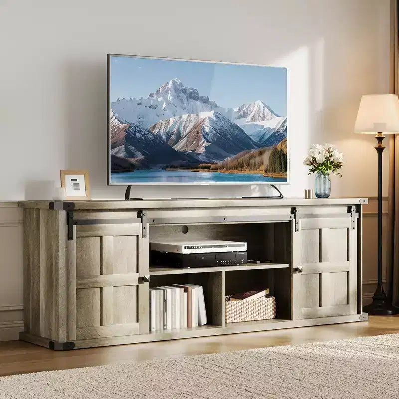 70 Farmhouse TV Stand for 80/75/70 Inch TVs, Storage Cabinets with Sliding Barn Door, Rustic TV Stands for Living Room, Media Console Cabinet