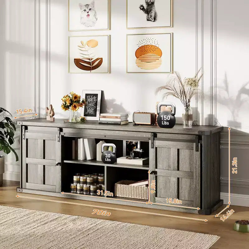 70 Farmhouse TV Stand for 80/75/70 Inch TVs, Storage Cabinets with Sliding Barn Door, Rustic TV Stands for Living Room, Media Console Cabinet