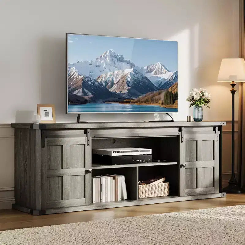70 Farmhouse TV Stand for 80/75/70 Inch TVs, Storage Cabinets with Sliding Barn Door, Rustic TV Stands for Living Room, Media Console Cabinet