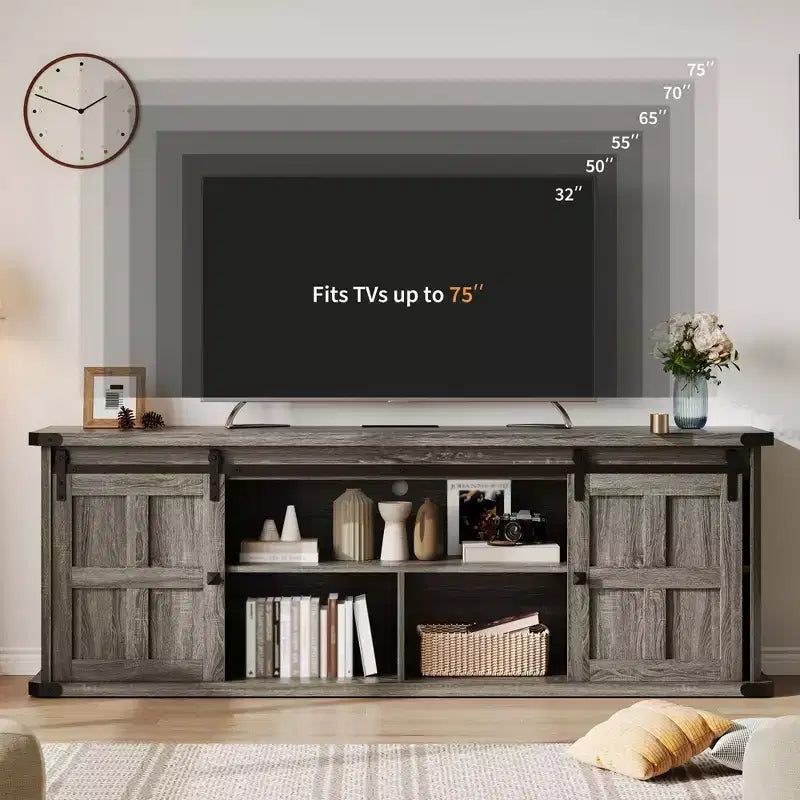 70 Farmhouse TV Stand for 80/75/70 Inch TVs, Storage Cabinets with Sliding Barn Door, Rustic TV Stands for Living Room, Media Console Cabinet