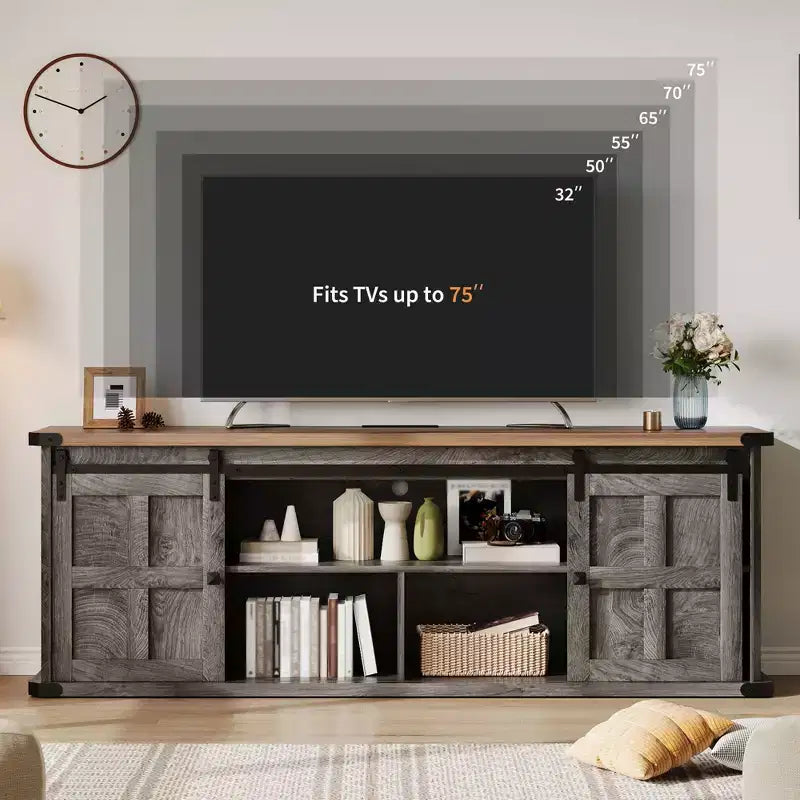 70 Farmhouse TV Stand for 80/75/70 Inch TVs, Storage Cabinets with Sliding Barn Door, Rustic TV Stands for Living Room, Media Console Cabinet