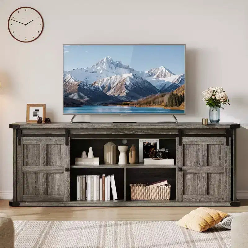 70 Farmhouse TV Stand for 80/75/70 Inch TVs, Storage Cabinets with Sliding Barn Door, Rustic TV Stands for Living Room, Media Console Cabinet