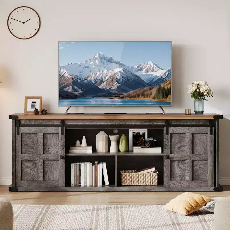 70 Farmhouse TV Stand for 80/75/70 Inch TVs, Storage Cabinets with Sliding Barn Door, Rustic TV Stands for Living Room, Media Console Cabinet