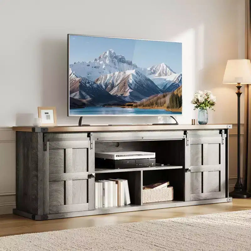 70 Farmhouse TV Stand for 80/75/70 Inch TVs, Storage Cabinets with Sliding Barn Door, Rustic TV Stands for Living Room, Media Console Cabinet