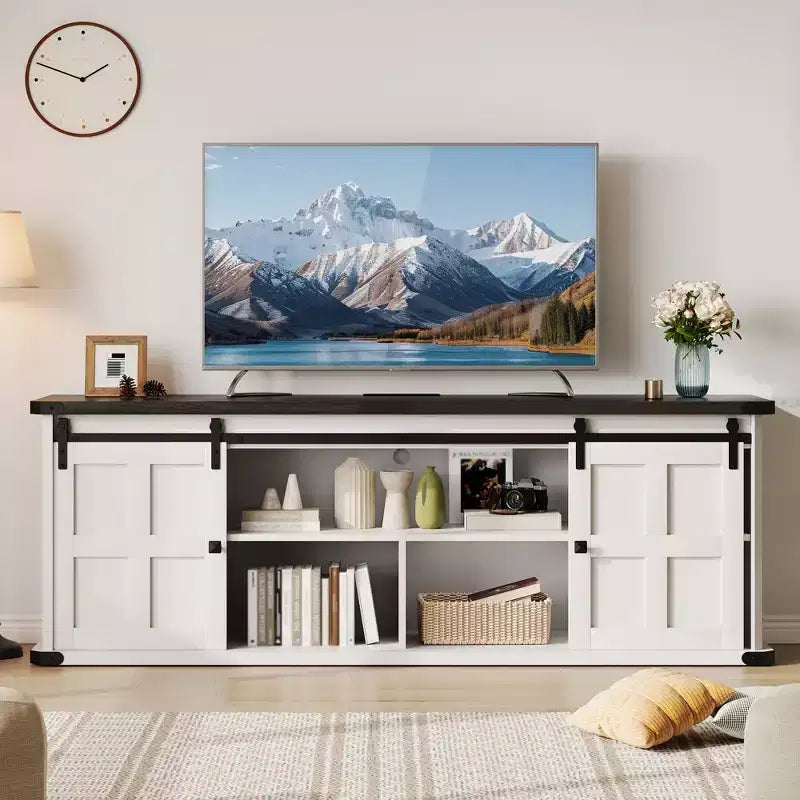 70 Farmhouse TV Stand for 80/75/70 Inch TVs, Storage Cabinets with Sliding Barn Door, Rustic TV Stands for Living Room, Media Console Cabinet