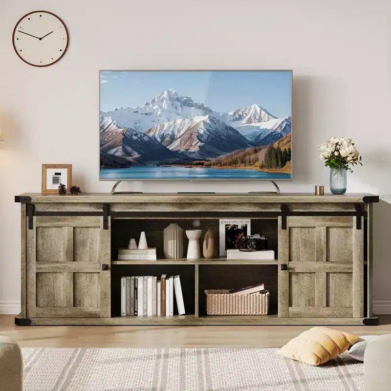 70 Farmhouse TV Stand for 80/75/70 Inch TVs, Storage Cabinets with Sliding Barn Door, Rustic TV Stands for Living Room, Media Console Cabinet