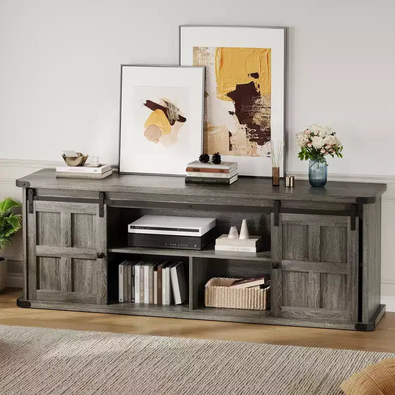 70 Farmhouse TV Stand for 80/75/70 Inch TVs, Storage Cabinets with Sliding Barn Door, Rustic TV Stands for Living Room, Media Console Cabinet