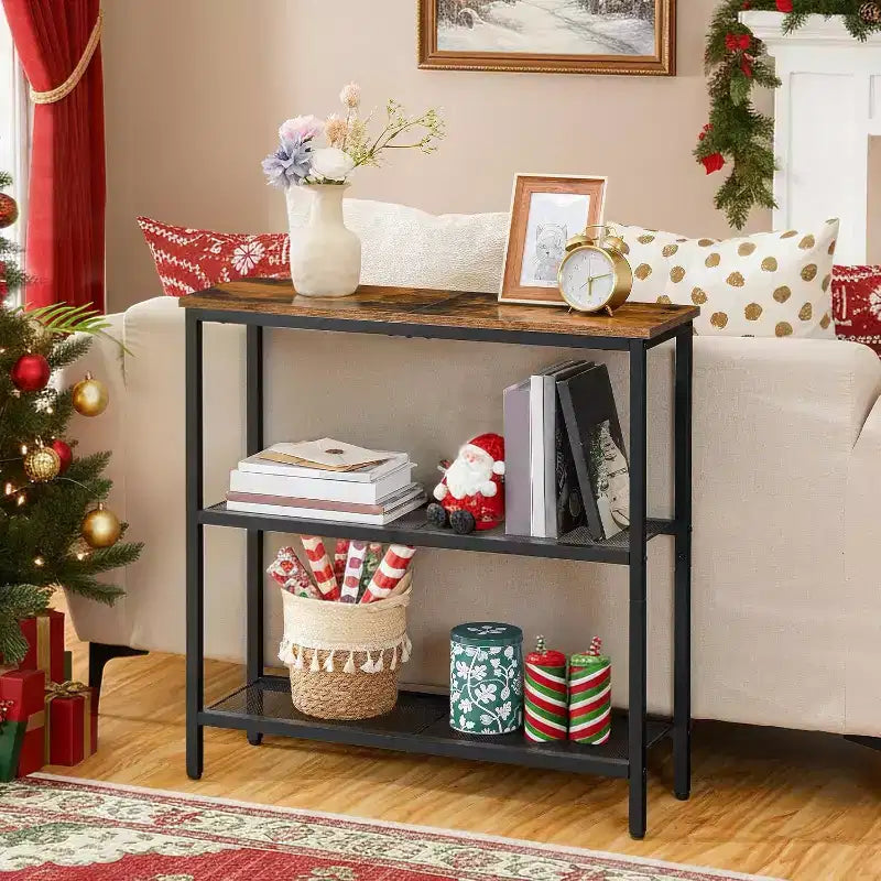 29.5 Narrow Console Table, 3-Tier Rustic Brown & Black Entryway Table, Thin Sofa Side Display Table for Hallway Entrance Living Room Bedroom